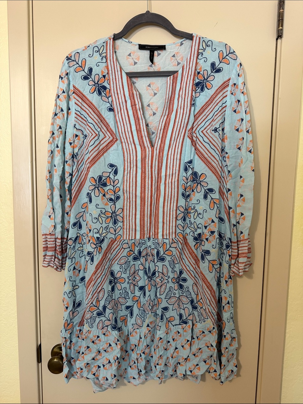 BCBGMaxAzria Light Blue Floral Embroidered Long Sleeve Tunic Dress